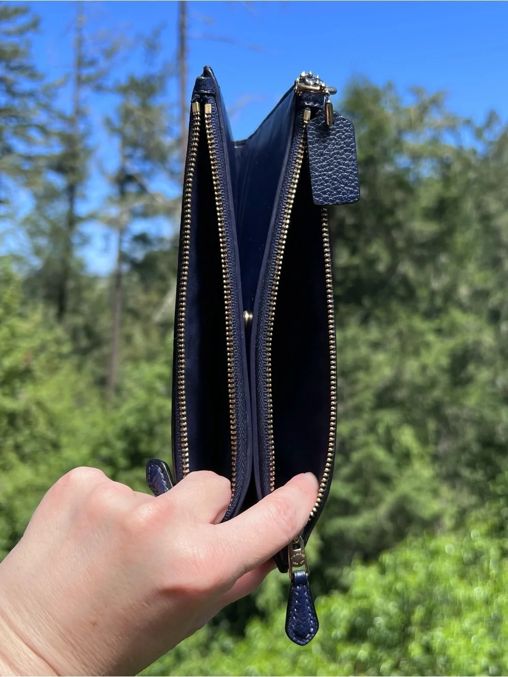Coach Double Zip Phone Wallet Blue Pebble Leather w Gold Hardware AUTHENTIC